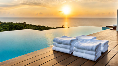 A serene poolside setting featuring neatly stacked white towels on a wooden deck, overlooking an...