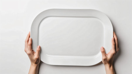 A clean and minimalist composition featuring two hands gently holding a plain white plate against a bright, neutral background. Perfect for concepts related to food, dining, minimalism, or tableware. Ideal for use in advertising, blogs, or editorial contentの写真素材