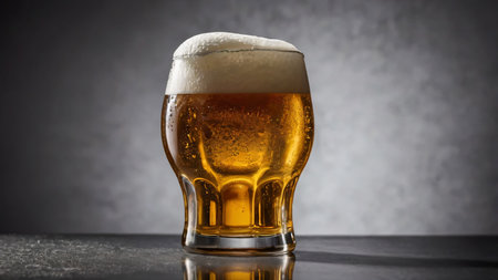 A refreshing glass of golden beer served in an intricately designed mug with a frothy foam top. The beer's rich amber hue is beautifully illuminated, showing its clarity and effervescence. The dark, rustic background complements the warmth of the surface, creating a cozy and inviting ambiance. Perfect for themes related to breweries, pubs, celebrations, or classic beverages.の写真素材