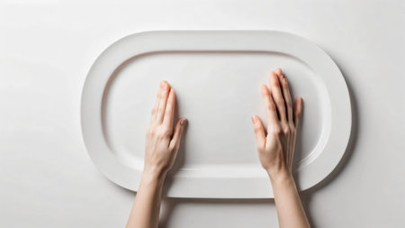 A clean and minimalist composition featuring two hands gently holding a plain white plate against a bright, neutral background. Perfect for concepts related to food, dining, minimalism, or tableware. Ideal for use in advertising, blogs, or editorial contentの写真素材