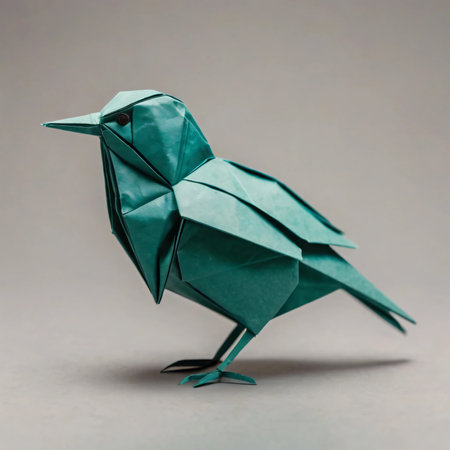 A beautifully crafted origami bird made from paper in shades of blue. The intricate folds and precise design highlight the elegance of traditional Japanese paper art. Perfect for themes related to creativity, craftsmanship, minimalism, and handmade decor.の写真素材