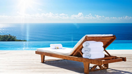 A serene poolside setting featuring neatly stacked white towels on a wooden deck, overlooking an infinity pool that seamlessly blends into the vast ocean. The golden hues of the sunset illuminate the tranquil water and sky, creating a warm and relaxing ambiance. This image captures the essence of luxury and relaxation, ideal for promoting spas, resorts, or vacation destinations.の写真素材