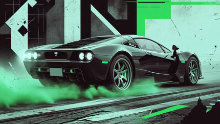 A stunning, high-speed racing car with an aggressive aerodynamic design, captured mid-drift in a stylized vintage-futuristic artwork. The background features bold geometric patterns and distressed textures, giving the image a cyberpunk and retro racing poster aesthetic. The car's sleek black finish, wide stance, and intense headlights contribute to its powerful presence, evoking the spirit of classic endurance racers fused with modern performance engineeringの写真素材