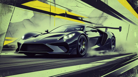A stunning, high-speed racing car with an aggressive aerodynamic design, captured mid-drift in a stylized vintage-futuristic artwork. The background features bold geometric patterns and distressed textures, giving the image a cyberpunk and retro racing poster aesthetic. The car's sleek black finish, wide stance, and intense headlights contribute to its powerful presence, evoking the spirit of classic endurance racers fused with modern performance engineeringの写真素材