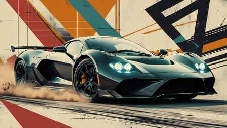A stunning, high-speed racing car with an aggressive aerodynamic design, captured mid-drift in a stylized vintage-futuristic artwork. The background features bold geometric patterns and distressed textures, giving the image a cyberpunk and retro racing poster aesthetic. The car's sleek black finish, wide stance, and intense headlights contribute to its powerful presence, evoking the spirit of classic endurance racers fused with modern performance engineeringの写真素材