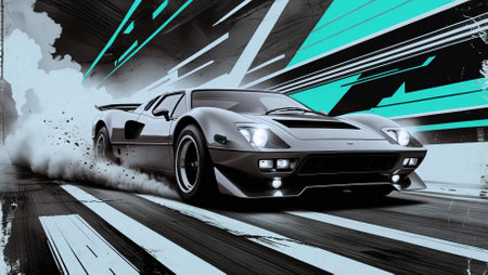 A stunning, high-speed racing car with an aggressive aerodynamic design, captured mid-drift in a...