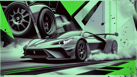 A stunning, high-speed racing car with an aggressive aerodynamic design, captured mid-drift in a...