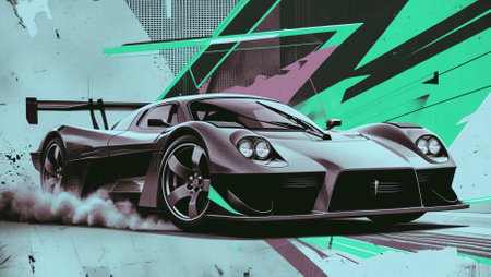 A stunning, high-speed racing car with an aggressive aerodynamic design, captured mid-drift in a...