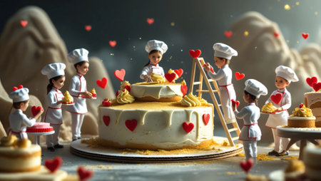 A charming scene featuring tiny chefs decorating a luxurious white cake with golden sprinkles, whipped cream, and red hearts. The miniature bakers work enthusiastically, climbing ladders, carrying plates of desserts, and sprinkling golden dust. The atmosphere is filled with warmth, coziness, and a touch of magic, creating the feeling of a whimsical culinary world. Perfect for holiday, romance, and fantasy-themed storiesの写真素材