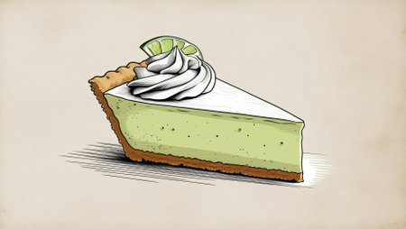 A beautifully detailed hand-drawn illustration of a classic key lime pie slice, featuring a creamy filling, golden crust, and topped with whipped cream, a fresh lime slice, and a mint leaf. This vintage-style artwork is perfect for food illustrations, bakery branding, restaurant menus, and culinary-themed prints.の写真素材