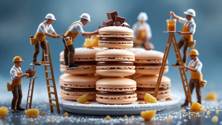 A creative and whimsical concept featuring tiny construction workers assembling and decorating...