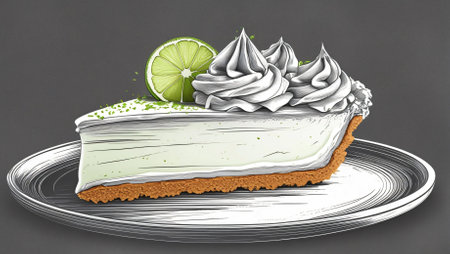A beautifully detailed hand-drawn illustration of a classic key lime pie slice, featuring a creamy filling, golden crust, and topped with whipped cream, a fresh lime slice, and a mint leaf. This vintage-style artwork is perfect for food illustrations, bakery branding, restaurant menus, and culinary-themed prints.の写真素材