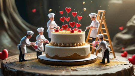 A charming scene featuring tiny chefs decorating a luxurious white cake with golden sprinkles, whipped cream, and red hearts. The miniature bakers work enthusiastically, climbing ladders, carrying plates of desserts, and sprinkling golden dust. The atmosphere is filled with warmth, coziness, and a touch of magic, creating the feeling of a whimsical culinary world. Perfect for holiday, romance, and fantasy-themed storiesの写真素材