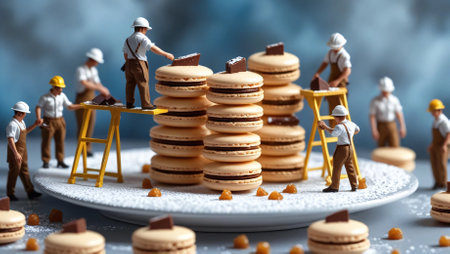 A creative and whimsical concept featuring tiny construction workers assembling and decorating chocolate-filled macarons. The scene is set as if they are working on a sweet construction site, adding sugar, chocolate, and caramel decorations. Perfect for food art, bakery themes, and imaginative storytelling.の写真素材