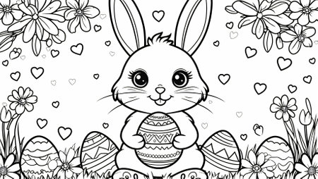 A cute Easter bunny holding a decorated egg, surrounded by beautiful flowers, hearts, and more Easter eggs. This fun and detailed black-and-white illustration is perfect for kids and adults who love to color festive holiday scenes. Great for Easter activities, school projects, and printable coloring books.の写真素材