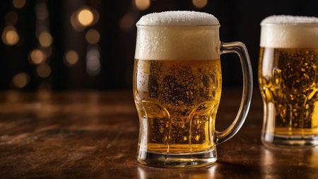 A refreshing glass of golden beer served in an intricately designed mug with a frothy foam top. The beer's rich amber hue is beautifully illuminated, showing its clarity and effervescence. The dark, rustic background complements the warmth of the wooden surface, creating a cozy and inviting ambiance. Perfect for themes related to breweries, pubs, celebrations, or classic beverages.の写真素材