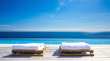 A serene poolside setting featuring neatly stacked white towels on a wooden deck, overlooking an infinity pool that seamlessly blends into the vast ocean. The golden hues of the sunset illuminate the tranquil water and sky, creating a warm and relaxing ambiance. This image captures the essence of luxury and relaxation, ideal for promoting spas, resorts, or vacation destinations.の素材