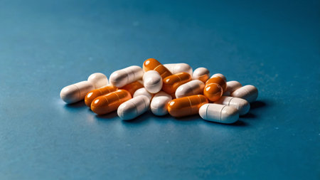 A detailed close-up image of various pills and capsules in different colors, shapes, and sizes. The assortment includes tablets, gel capsules, and coated pills, symbolizing modern medicine, healthcare, and pharmaceutical advancementsの素材