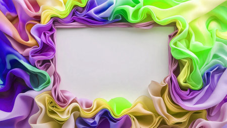 A beautifully designed blank space surrounded by colorful, flowing fabric-like layers, creating a dynamic and artistic frame perfect for creative projects.の素材