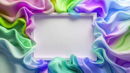 A beautifully designed blank space surrounded by colorful, flowing fabric-like layers, creating a dynamic and artistic frame perfect for creative projects.の素材