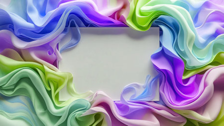 A beautifully designed blank space surrounded by colorful, flowing fabric-like layers, creating a dynamic and artistic frame perfect for creative projects.の素材