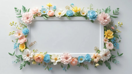 A beautifully designed floral frame with delicate pastel flowers and lush green leaves, creating a soft and elegant aesthetic. The blank center provides space for text or artwork, making it perfect for invitations, greeting cards, or decorative prints.の素材