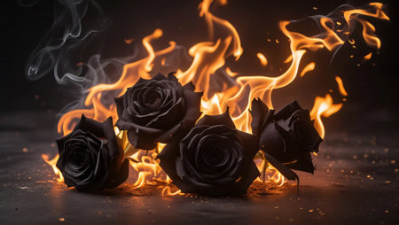 A surreal image of three black roses engulfed in bright flames, symbolizing passion, destruction, and beauty in darkness.の素材
