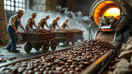 A creative and surreal depiction of miniature workers mining and transporting coffee beans in carts, resembling an industrial scene with a coffee roasting machine in the background.の素材