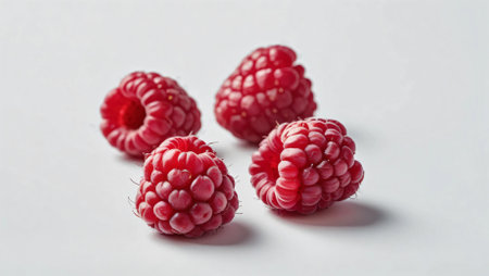 A beautifully detailed close-up of five ripe raspberries arranged on a pure white surface. The bright red color of the berries contrasts against the clean background, highlighting their natural texture and delicate details. Each raspberry appears plump and fresh, with tiny hairs visible on their surface. The composition captures the essence of freshness, making it perfect for food photography, healthy eating concepts, or natural product promotions.の素材