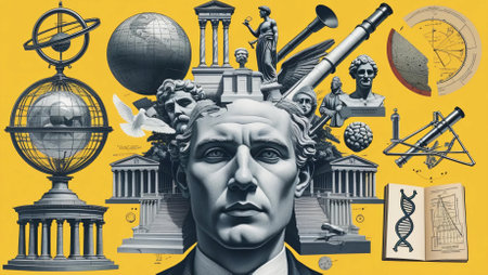 A thought-provoking digital collage combining elements of classical sculpture, scientific instruments, and ancient architecture. The composition features a Greco-Roman statue head filled with symbols of knowledgeâtelescopes, manuscripts, globes, and mathematical diagramsâset against a bold yellow backgroundの素材