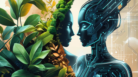 A stunning digital artwork depicting a face divided into two contrasting halvesâone side representing nature with lush green leaves and organic textures, while the other side showcases a futuristic robotic face with intricate circuits. This image symbolizes the balance between technology and the natural world, artificial intelligence, and the evolution of humanity in a digital ageの素材