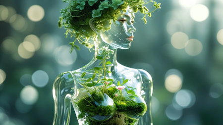 A mesmerizing digital artwork of a transparent humanoid figure infused with nature. The figure, resembling a glass statue, has lush greenery and blooming flowers growing inside its chest, symbolizing the harmony between humanity and the environment. This image represents sustainability, bioengineering, and the fusion of organic life with futuristic design.の素材