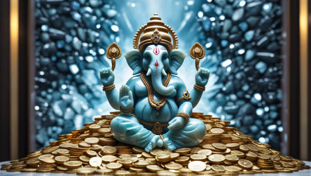 A beautifully detailed and vibrant statue of Lord Ganesha, crafted in a striking turquoise hue with intricate golden adornments and jewelry. The figure is seated gracefully on a pile of gold coins, symbolizing prosperity and abundance, with a rich, ornate circular background glowing with blue and gold elements. Perfect for spiritual, cultural, and decorative themes.の素材