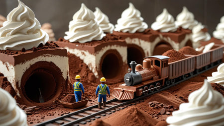 A whimsical scene of a toy train traveling through a cocoa dessert landscape with whipped cream mountains. Creative food art for advertising, playful designs, or conceptual themes.の素材