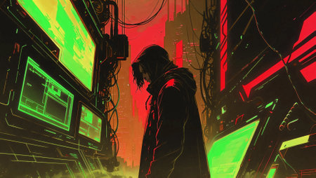 A futuristic cityscape with neon-lit skyscrapers and a lone figure standing in the rain-soaked street, evoking mystery and technological advancementの素材