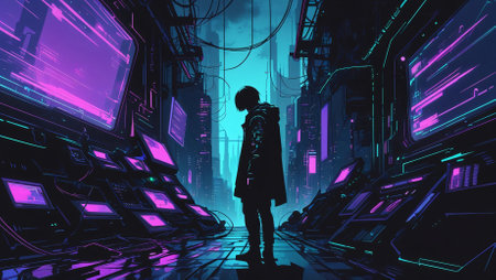 A futuristic cityscape with neon-lit skyscrapers and a lone figure standing in the rain-soaked street, evoking mystery and technological advancementの素材