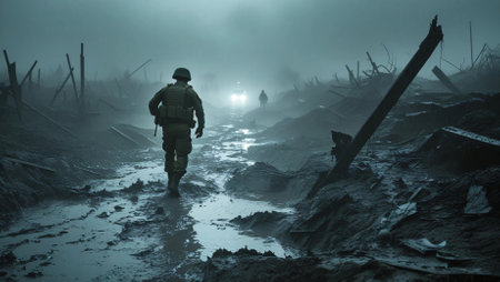 A soldier walks through a destroyed battle landscape in the rain, creating an atmosphere of tension and drama.の素材