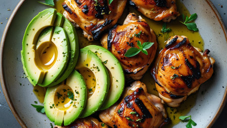 Juicy grilled chicken with baked avocado, a great dish for a healthy diet.の素材