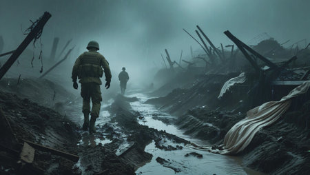 A soldier walks through a destroyed battle landscape in the rain, creating an atmosphere of tension and drama.の素材