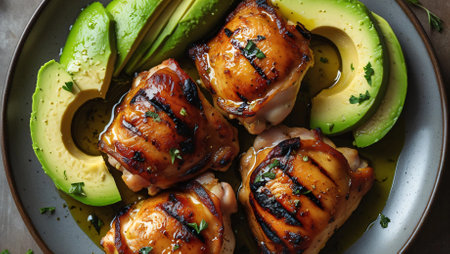 Juicy grilled chicken with baked avocado, a great dish for a healthy diet.の素材