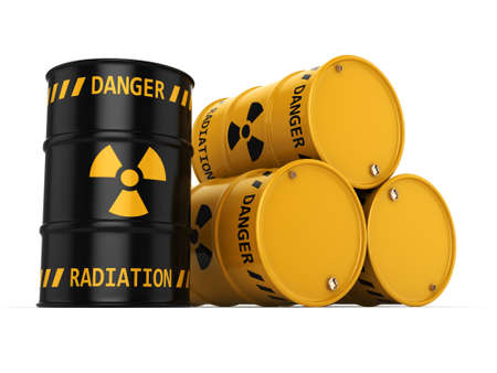 Yellow and black radioactive barrels on a white background