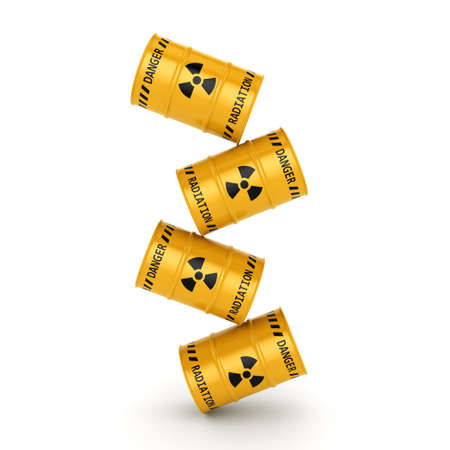 Yellows radioactive barrels on a white backgroundの写真素材
