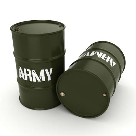 3D rendering several army khaki barrels with the inscriptionの写真素材