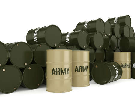 3D rendering several army khaki barrels with the inscriptionの写真素材