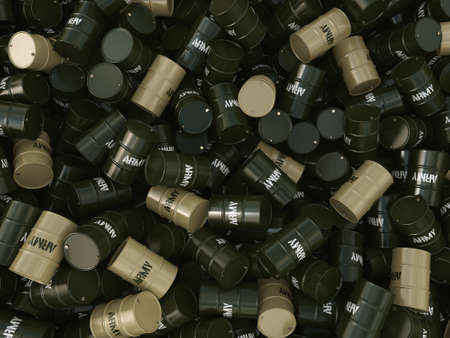 3D rendering several army khaki barrels with the inscriptionの写真素材