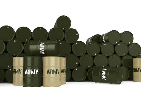 3D rendering several army khaki barrels with the inscriptionの写真素材