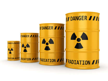 3D rendering Yellows radioactive barrels on a white backgroundの写真素材