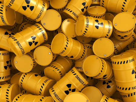 3D rendering Yellows radioactive barrels on a white backgroundの写真素材