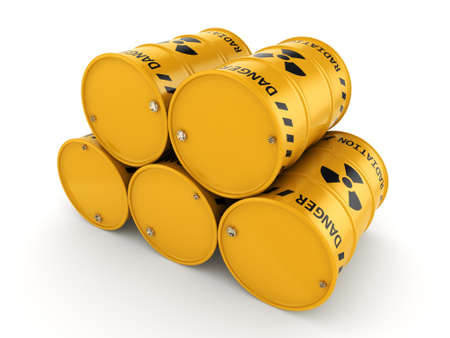 3D rendering Yellows radioactive barrels on a white backgroundの写真素材