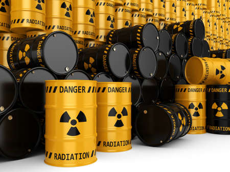 3D rendering Yellow and black radioactive barrels on a white backgroundの写真素材